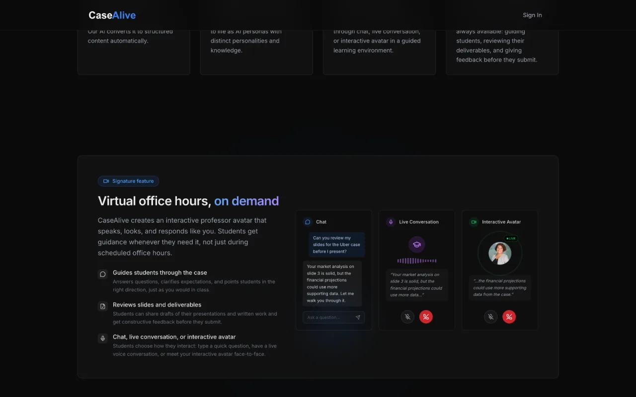 CaseAlive's virtual office hours feature showing chat, live conversation, and interactive avatar options side by side