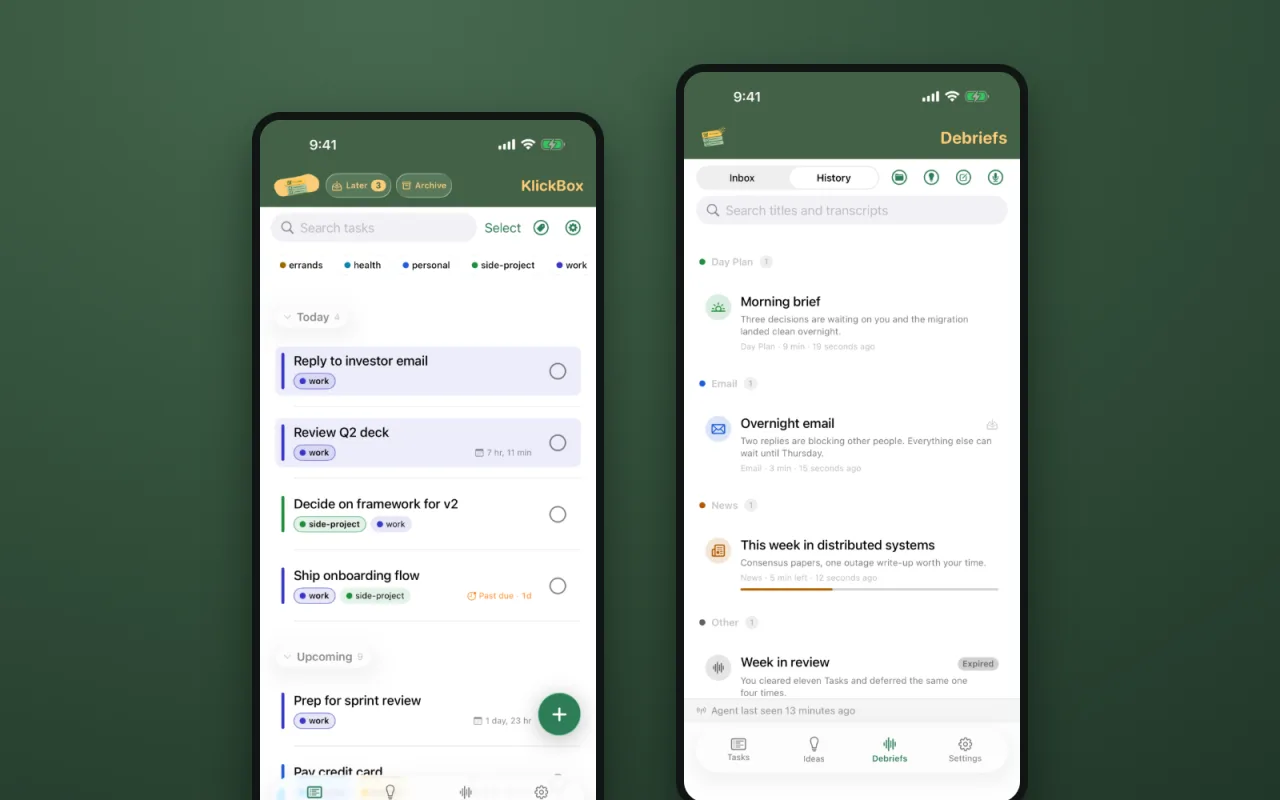 KlickBox app showing a task list and audio debrief player on iPhone